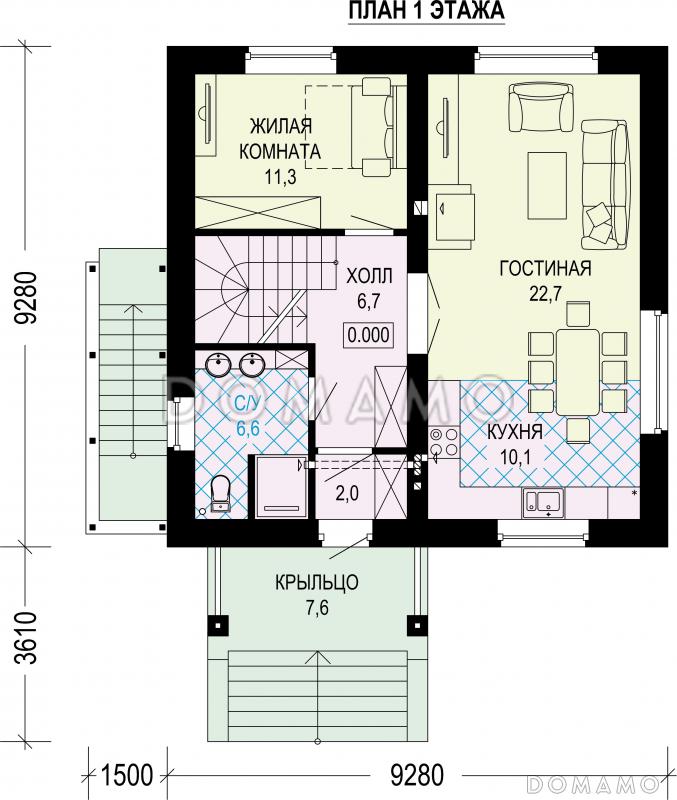 Проект загородного дома с шатровой крышей и цокольным этажом / План 1 этажа