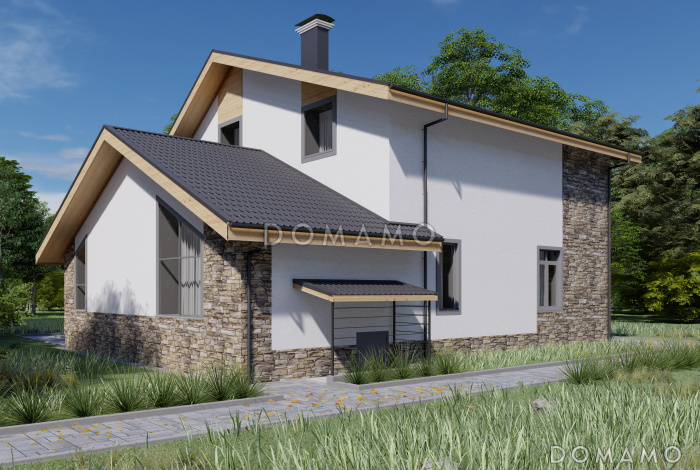 Проект двухэтажного дома из газобетона с двускатной крышей с подвалом, террасой и балконом