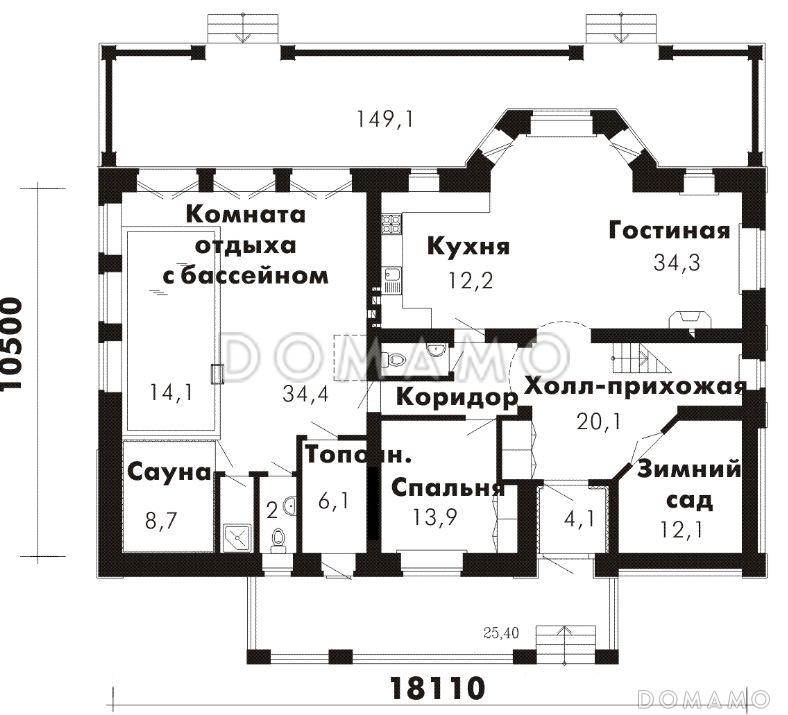 Проект дома с бассейном / План 1 этажа