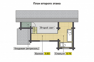 Проект узкого дома с косой крышей, кухней-гостиной, парной, спальней, балконом и вторым светом / План мансардного этажа Проект узкого дома с косой крышей, кухней-гостиной, парной, спальней, балконом и вторым светом / План мансардного этажа