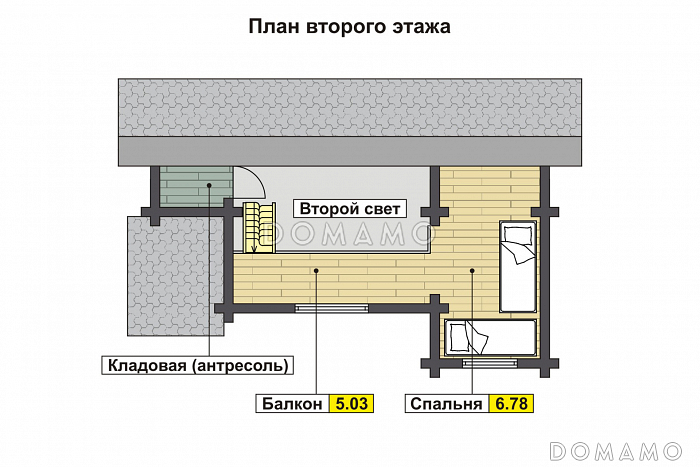Проект узкого дома с косой крышей, кухней-гостиной, парной, спальней, балконом и вторым светом / План мансардного этажа Проект узкого дома с косой крышей, кухней-гостиной, парной, спальней, балконом и вторым светом / План мансардного этажа