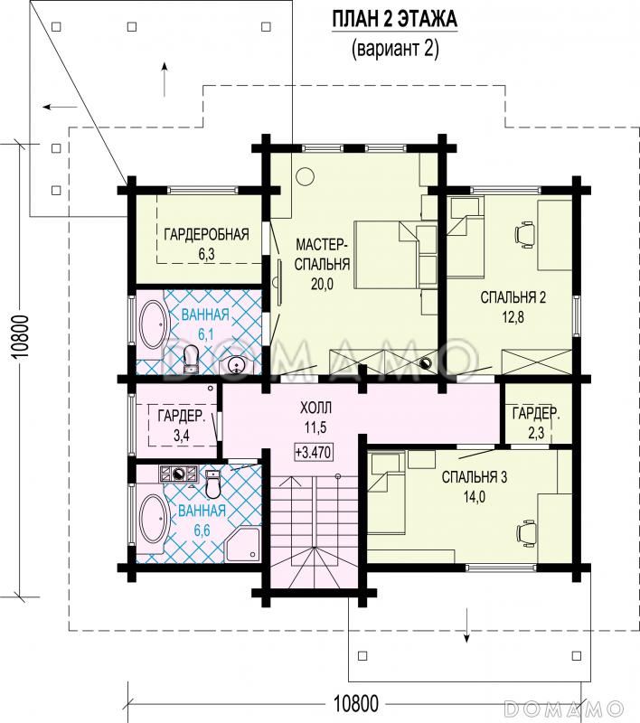 Проект двухэтажного деревянного дома с мастер-спальней и крытой террасой / План 2 этажа