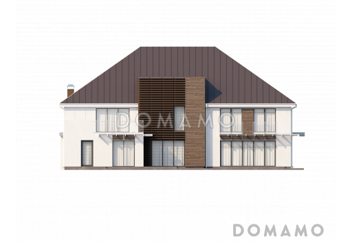 Проект большого комфортабельного двухэтажного дома из газобетона с пятью комнатами, спортзалом и вторым светом над просторной гостиной / Фасад 3