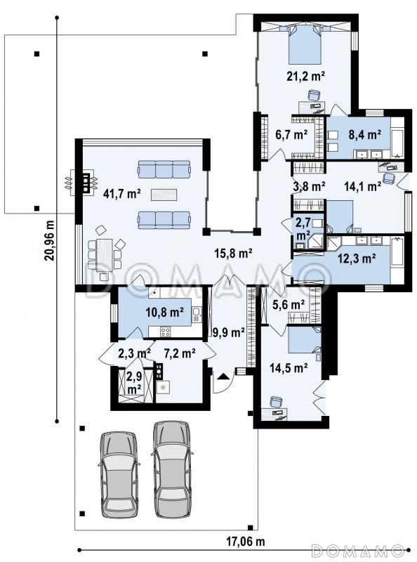 Проект современного одноэтажного дома из кирпича с плоской крышей, с тремя спальнями, большой террасой и навесом / План 1 этажа