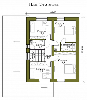Проект двухэтажного каркасного дома с гаражом на два машиноместа, тремя спальнями и кабинетом на втором этаже / План 2 этажа Проект двухэтажного каркасного дома с гаражом на два машиноместа, тремя спальнями и кабинетом на втором этаже / План 2 этажа