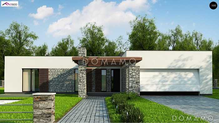 Проект современного одноэтажного углового дома из кирпича с плоской крышей, барбекю на террасе и двухместным гаражом