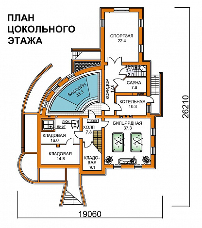 Проект четырехэтажного дома с необычной формой в плане, двусветной гостиной и бассейном / План цокольного этажа