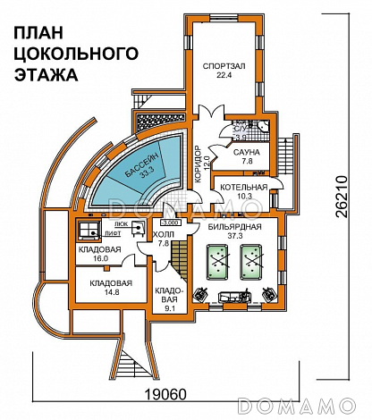 Проект четырехэтажного дома с необычной формой в плане, двусветной гостиной и бассейном / План цокольного этажа Проект четырехэтажного дома с необычной формой в плане, двусветной гостиной и бассейном / План цокольного этажа