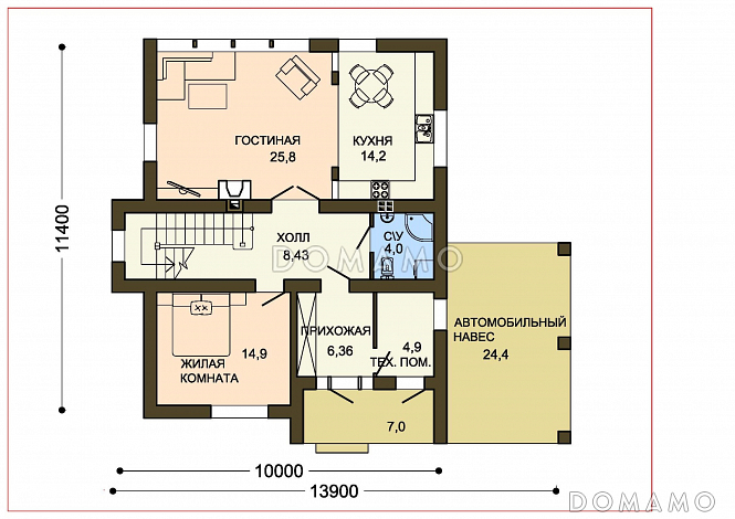 Проект загородного дома с каменного облицовкой крыльца и панорамными окнами гостиной / План 1 этажа Проект загородного дома с каменного облицовкой крыльца и панорамными окнами гостиной / План 1 этажа
