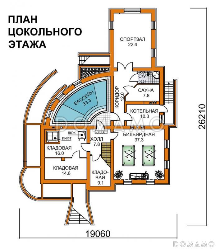 Проект четырехэтажного дома с необычной формой в плане, двусветной гостиной и бассейном / План цокольного этажа