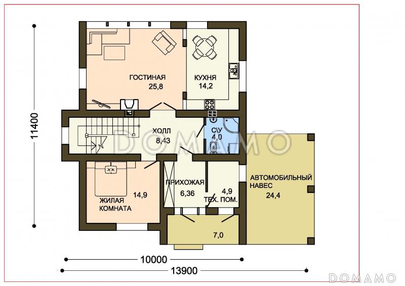 Проект загородного дома с каменного облицовкой крыльца и панорамными окнами гостиной / План 1 этажа