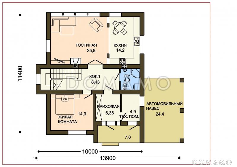 Проект загородного дома с каменного облицовкой крыльца и панорамными окнами гостиной / План 1 этажа