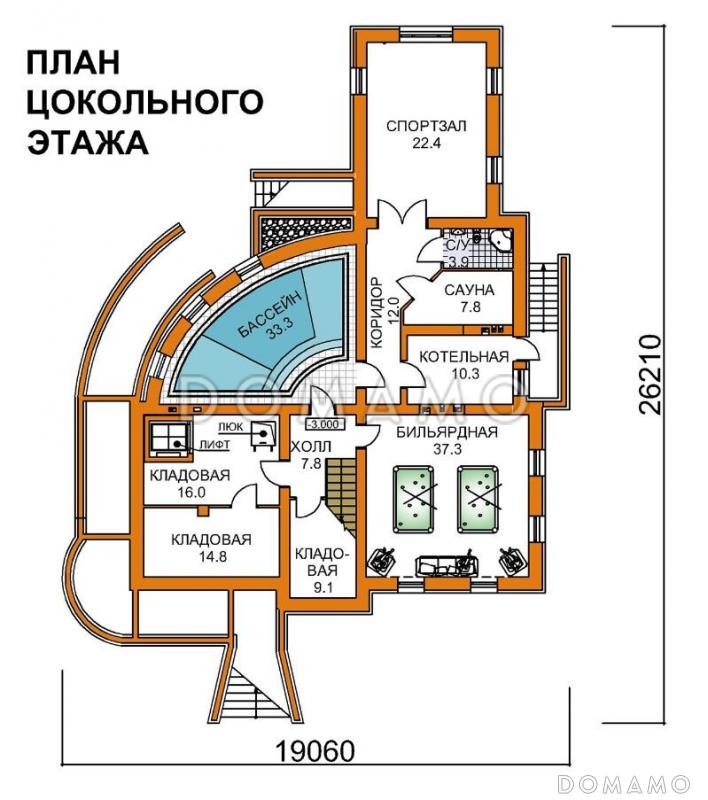 Проект четырехэтажного дома с необычной формой в плане, двусветной гостиной и бассейном / План цокольного этажа