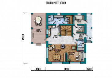 Проект дома из газобетона с террасой и тремя спальнями / План 1 этажа Проект дома из газобетона с террасой и тремя спальнями / План 1 этажа