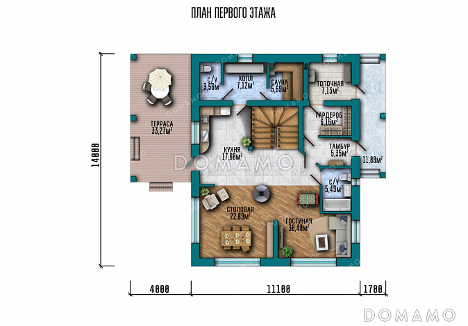 Проект дома из газобетона с террасой и тремя спальнями / План 1 этажа Проект дома из газобетона с террасой и тремя спальнями / План 1 этажа