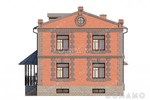 Проект кирпичного двухэтажного дома с 4 спальнями, верандой, круглой беседкой на террасе и обустроенным цокольным этажом / Фасад 3