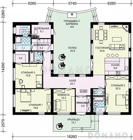Проект современного кирпичного дома П-образной формы с патио / План 1 этажа