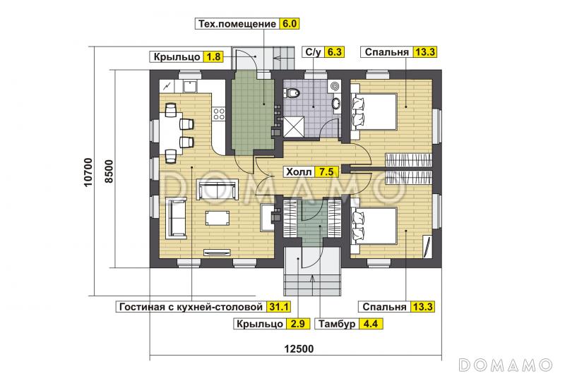 Проект дома с гостиной, кухней-столовой, спальнями / План 1 этажа