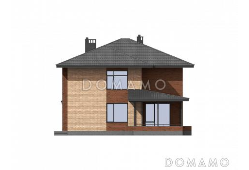 Проект двухэтажного загородного дома с террасой, гостевым блоком с кухней и санузлом, кабинетом / Фасад 3