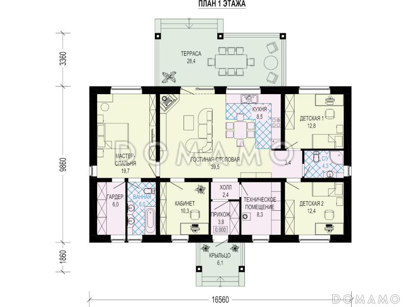 Проект одноэтажного дома из газобетона с мастер-спальней, 2 детскими, кабинетом и террасой / План 1 этажа
