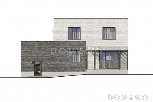 Проект двухэтажного дома с большой террасой, гаражом и подвалом / Фасад 1 Проект двухэтажного дома с большой террасой, гаражом и подвалом / Фасад 1