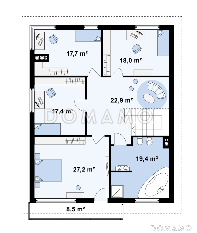 Проект большого двухэтажного дома из кирпича с цокольным этажом и подземным гаражом / План 2 этажа