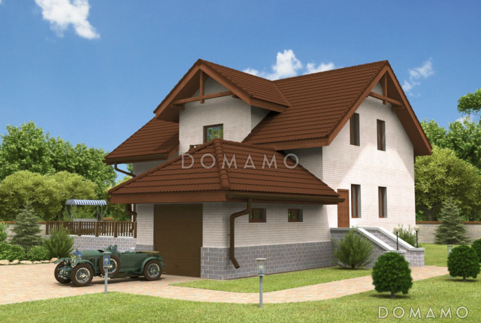 Проект дома с треугольным эркером и гаражом на одну машину Проект дома с треугольным эркером и гаражом на одну машину