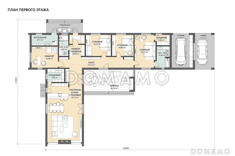 Проект просторного дома Г-образной формы с 3 спальнями, кабинетом, гаражом и крытой террасой с барбекю / План 1 этажа