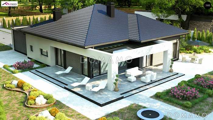 Проект комфортного одноэтажного дома из кирпича с тремя спальнями, кабинетом и гаражом