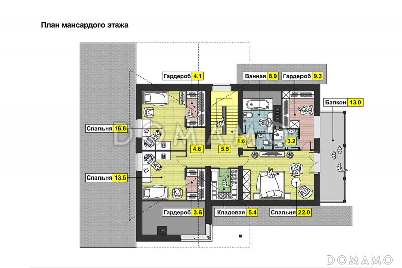 Проект дома с навесом на две машины, двумя террасами, гостиной с камином, спальней на первом этаже, балконом / План мансардного этажа