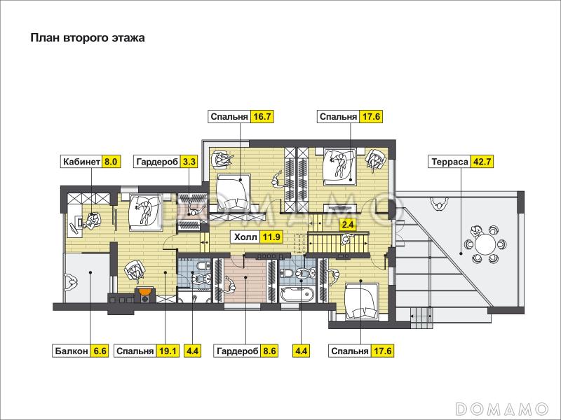 Проект дома с косой крышей, гаражом на две машины, просторной гостиной с камином, хозяйской спальней с камином и балконом, крытой террасой / План мансардного этажа