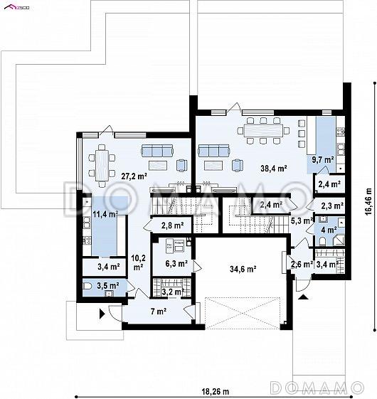 Проект современного комфортного двухэтажного дома из кирпича для двух семей с общим гаражом / План 1 этажа