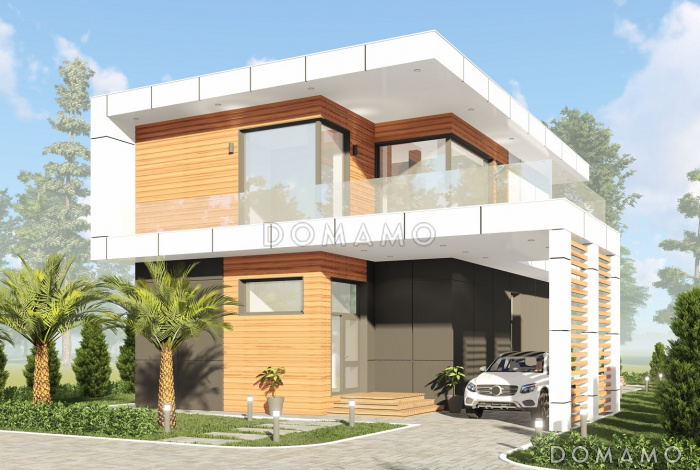 Проект дома с большой террасой и навесом для автомобиля S-158 Проект дома с большой террасой и навесом для автомобиля S-158