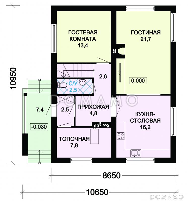 Проект небольшого, уютного дома из пеноблоков с двускатной крышей / План 1 этажа