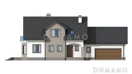 Проект одноэтажного мансардного дома из кирпича с кабинетом, эркером, балконом над ним и гаражом на два автомобиля / Фасад 1