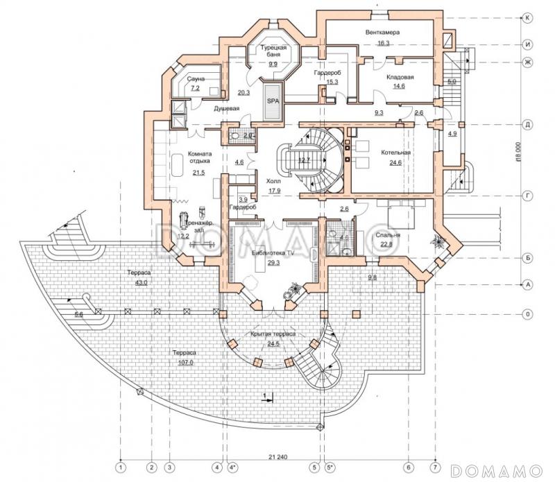 Проект парадного коттеджа с красивым холлом и террасой / План цокольного этажа