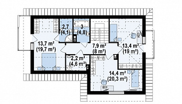 Проект мансардного дома из кирпича с тремя спальнями, кабинетом, балконом и гаражом / План мансардного этажа