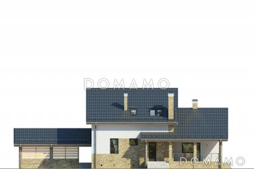 Проект дома с навесом для автомобилей, кухней с выходом на крытую террасу, двумя спальнями на первом этаже, вторым светом / Фасад 3