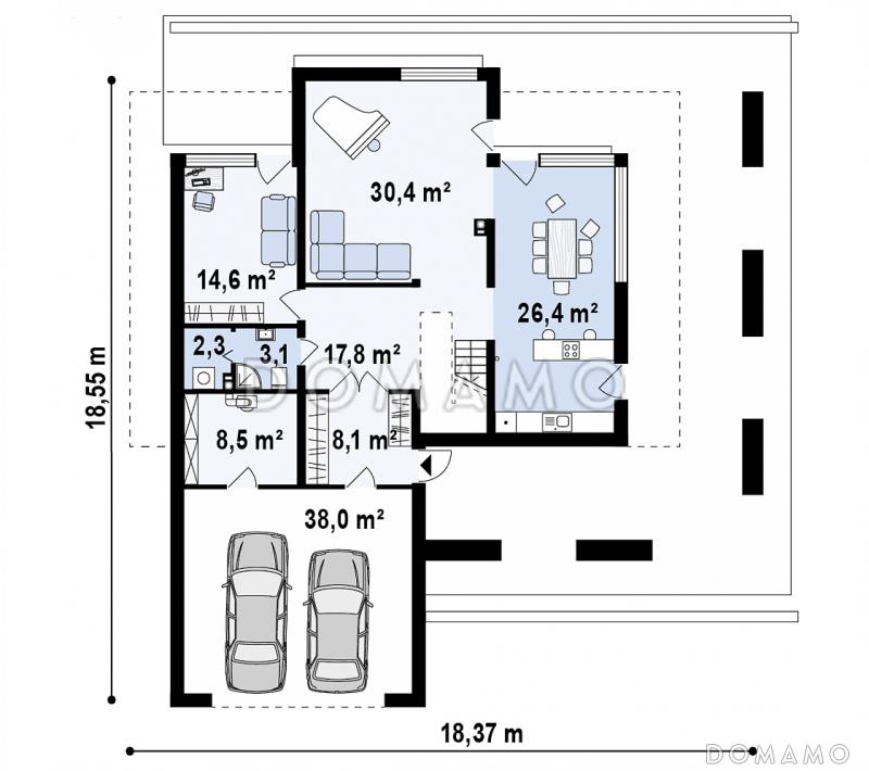Проект современного двухэтажного дома из газобетона с плоской крышей с четырьмя спальнями, кабинетом, гаражом и большой площадью остекления / План 1 этажа