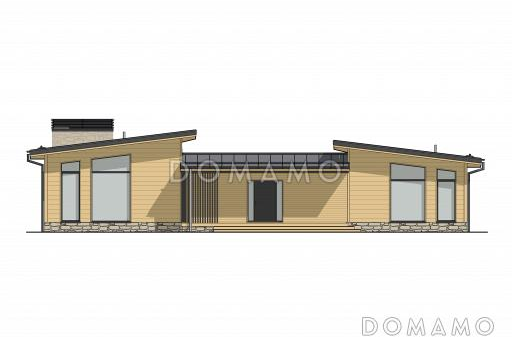 Проект П-образного дома с тремя спальнями, просторной кухней-гостиной, закрытой и открытой террасами / Фасад 1