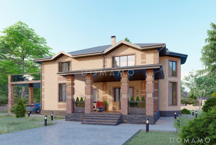 Проект двухэтажного кирпичного дома со вторым светом, навесом для автомобиля и открытой террасой на втором этаже Проект двухэтажного кирпичного дома со вторым светом, навесом для автомобиля и открытой террасой на втором этаже