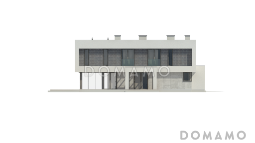 Проект современного двухэтажного дома из газобетона с плоской крышей с гаражом для двух автомобилей и террасами на обоих уровнях / Фасад 2