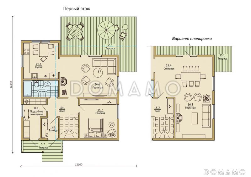 Проект каркасного дома с мансардой / План 1 этажа