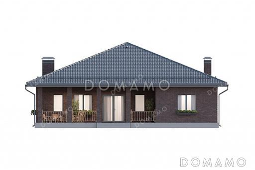 Проект большого одноэтажного дома с просторной зоной кухни-гостиной, крытой террасой, выделенной мастер-спальней и кабинетом / Фасад 2