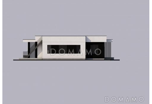 Проект одноэтажного просторного дома в стиле хай-тек с эксплуатируемой кровлей и просторной террасой / Фасад 2