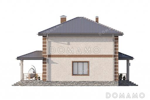 Проект квадратного двухэтажного дома с классической отделкой фасадов облицовочным кирпичом, совмещенной кухней-гостиной на первом этаже и спальной зоной на втором / Фасад 3