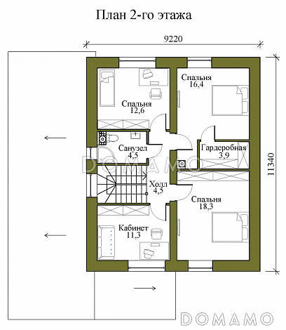 Проект двухэтажного газобетонного дома с гаражом на два машиноместа, тремя спальнями и кабинетом на втором этаже / План 2 этажа Проект двухэтажного газобетонного дома с гаражом на два машиноместа, тремя спальнями и кабинетом на втором этаже / План 2 этажа