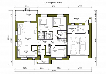 Проект одноэтажного дома с мансардой, верандой и гаражом на 2 машины / План 1 этажа Проект одноэтажного дома с мансардой, верандой и гаражом на 2 машины / План 1 этажа