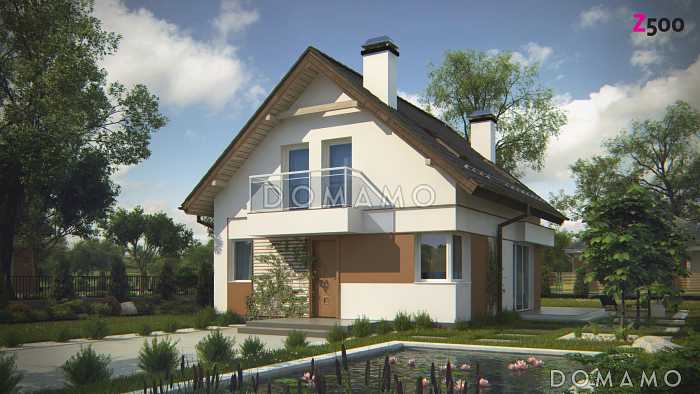 Проект классического одноэтажного мансардного дома из газобетона с эркером в столовой зоне, балконами и хозяйственным помещением Проект классического одноэтажного мансардного дома из газобетона с эркером в столовой зоне, балконами и хозяйственным помещением