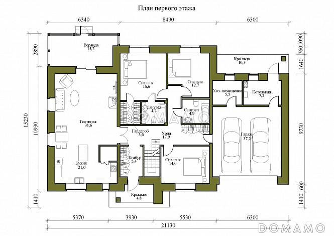 Проект одноэтажного дома с мансардой, верандой и гаражом на 2 машины / План 1 этажа Проект одноэтажного дома с мансардой, верандой и гаражом на 2 машины / План 1 этажа